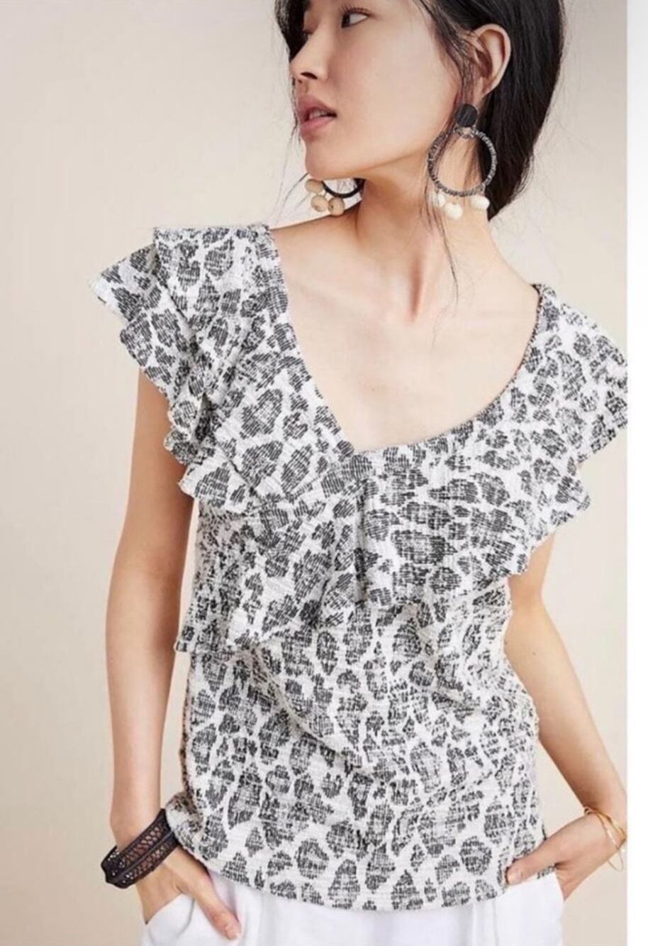 DOLAN Anthropologie Savannah Asymmetrical Ruffle Twee Black & White Top Medium